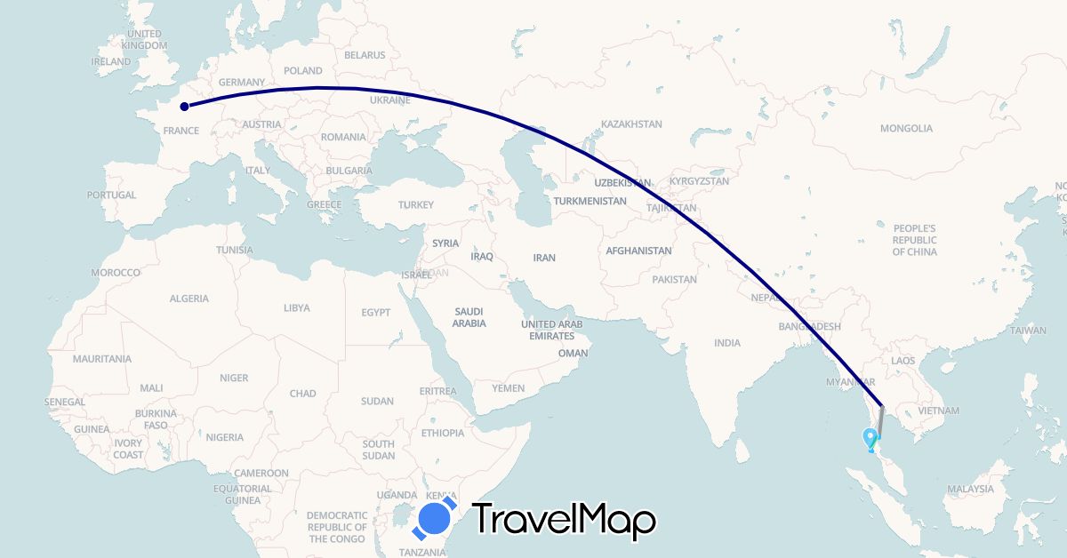 TravelMap itinerary: driving, bus, plane, boat in France, Thailand (Asia, Europe)
